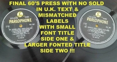 BEATLES " SGT PEPPER "SUPER FINAL 60'S UK STEREO RARE MISMATCHED NO SIUK LABELS - Image 1 of 4