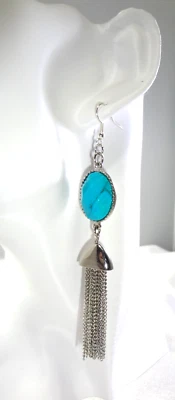BEAUTIFUL! Dyed Turquoise-Colored Howlite Stones W Chain Tassel 4 1/4" Earrings! - Image 1 of 4