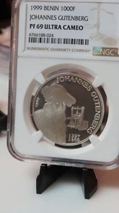 NGC PF69 UC-Benin 1999 Johannes Guttenberg Silver 1000 Francs Almost Perfect PF - Picture 1 of 3