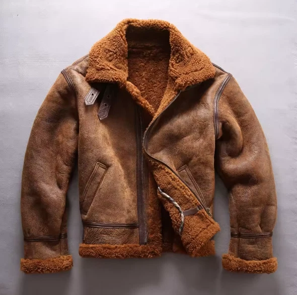 Men's B3 Flying Aviator Jacket Real Shearling Brown Bomber Leather Jacket - Image 1 of 4