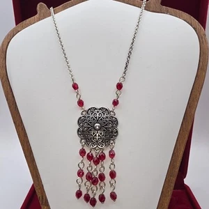 Brighton Queen Anne Necklace Silver Filigree Red Bead Fringe Medallion Pendant - Picture 1 of 9