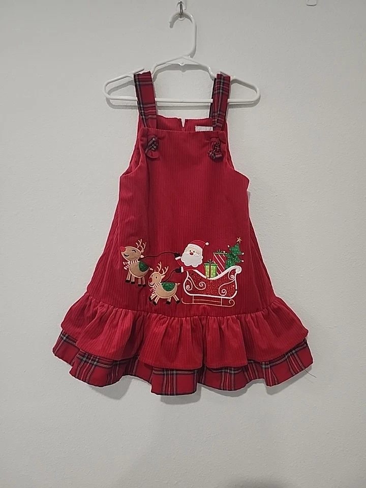 Rare Editions Girls 4T Red Santa Overall Corduroy Christmas Dress - Image 1 of 4