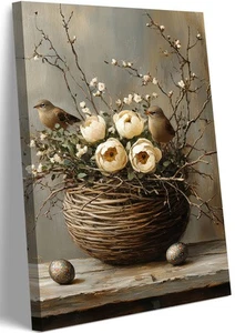 1 Stück Birdie Leinwand Wandbild Blumenkorb mit Vogel Druck Landhausstil Bild... - Bild 1 von 7