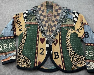 Arche Noah Gobelin Strickjacke Gr. M Lg Jacke Decke Mantel Fransenkragen Blazer - Bild 1 von 9