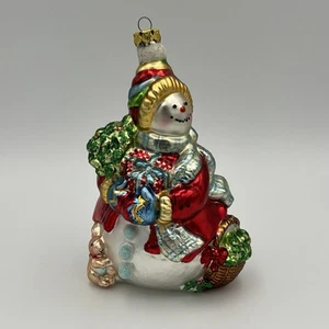 Vintage 7" T Large Hand Blown Mercury Glass Snowman Ornament w/ Basket Gifts - Picture 1 of 11
