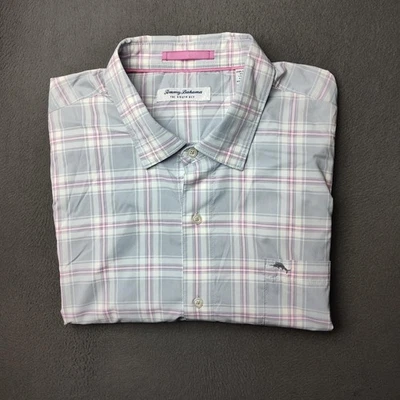 Tommy Bahama Shirt Mens 2XLT Tall Gray Pink Plaid Siesta Key Stretch Nylon Work - Image 1 of 4