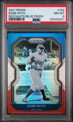 Babe Ruth 2021 Prizm rojo blanco y azul #182 PSA 8 casi nuevo-como nuevo The Bambino Foto 1 de 2