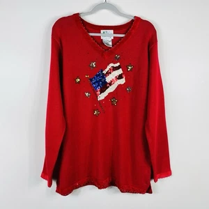 Vintage Quacker Factory Size Large Sequin Patriotic American Flag Sweater Red - Picture 1 of 5