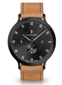 NEW Lilienthal Berlin L1 All BLACK W Light Brown Leather Strap Watch, 42mm - Picture 1 of 3