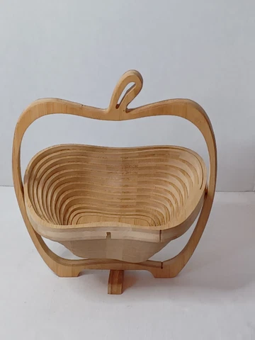 Vintage Retro MCM Apple Shaped Folding Collapsible Wooden Basket Trivet Decor Cover