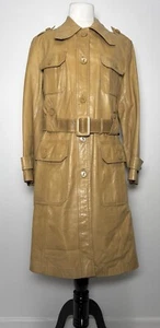 70s Gorgeous Leather Trench Coat Women Sz 42 Camel Leather Belted Patch Flap Vtg - Picture 1 of 13