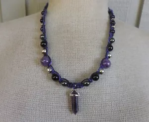 Amethyst Double Terminated Stone Point Adjustable Hemp Necklace w/ Onyx Hematite - Bild 1 von 10