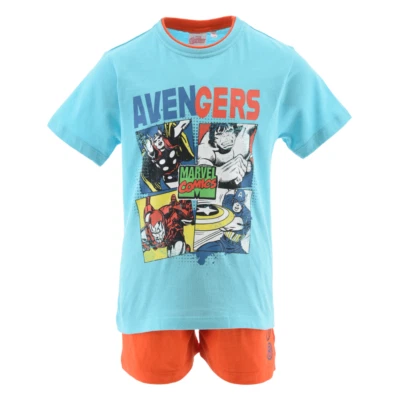 COMPLETO SHORT + T-SHIRT AVENGERS MARVEL BAMBINO 100% COTONE - EX1033CELESTE - Immagine 1 di 2