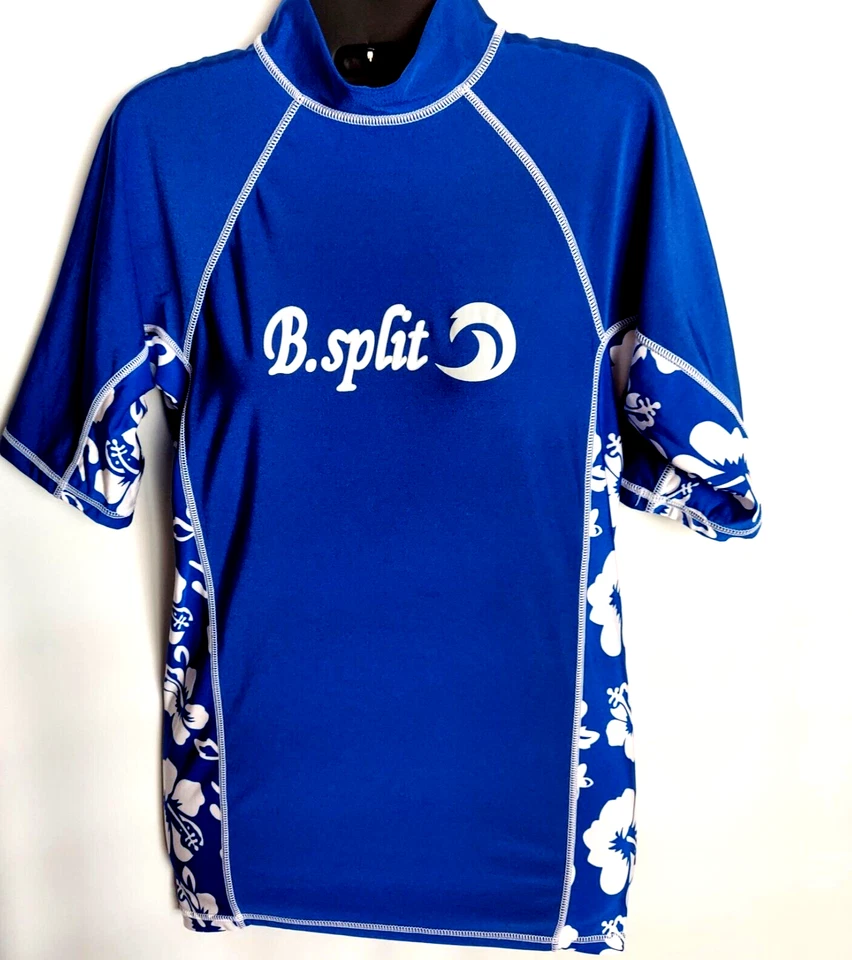 B Split Swim Shirt Blue White Flora Plumeria No Tag Measures Size S Mock Turtle - Image 1 of 4