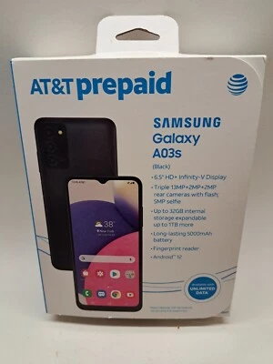 AT&T Prepaid Samsung Galaxy A03s 6.5” HD+ Display 13+2MP Camera 32GB - Black NEW - Image 1 of 4