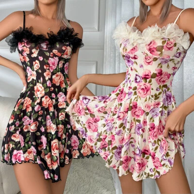 Mujeres Sexy Lencería Mini Vestido Floral Prendas para dormir Encaje Quimise Camisón Babydoll Foto 1 de 4