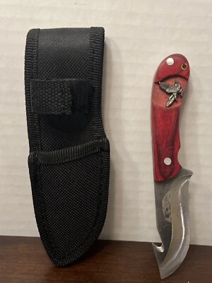 Gut Hook 6" Fixed Blade Full Tang Hunting Knife Eagle Wooden Handle W/ Holster - Image 1 of 4