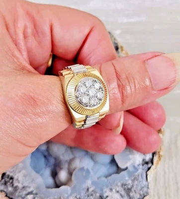 Anillo Rolex estilo presidencial para hombre 14k dos tonos oro amarillo/blanco .96CT Foto 1 de 4