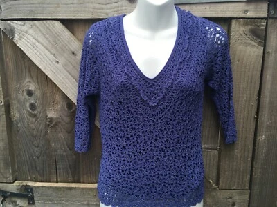 VIYELLA LADIES BLUE CROCHET V NECK FULLY LINED 3/4 SLEEVED TOP SMALL 8/10UK - Image 1 of 4