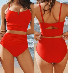 Cupshe: Red Scoop Neck V-Wire Midkini Top & High-Waisted Bottoms Set, size L - Picture 1 of 1
