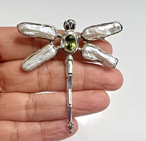 Dragonfly Biwa Pearl Green Peridot 925 Sterling Silver Pendant Pin Brooch - Picture 1 of 4