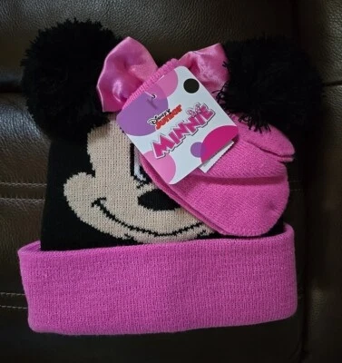 NUEVO Juego de Sombrero y Guantes Disney Minnie Mouse Niñas Pequeñas Orejas de Bola Abullonadas * Brillo Foto 1 de 4