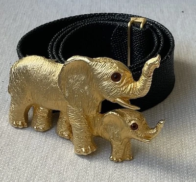 Elephant Belt Buckle Gold Womans 34” (M) Black Nylon Adjustable Belt - Vintage - Image 1 of 4