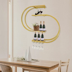 Porta Vino Scaffale Porta Vino da Parete Scaffale Porta Vino con Gancio Bicchiere Vino Bar - Foto 1 di 18