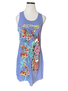 Vestido sin mangas Ed Hardy Y2K tatuaje gráfico acanalado talla XL púrpura mariposas calavera rosa - Imagen 1 de 22