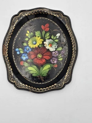 Vintage Russian Metal Floral Hand Painted Tole Black Serving Tray USSR - Image 1 of 4