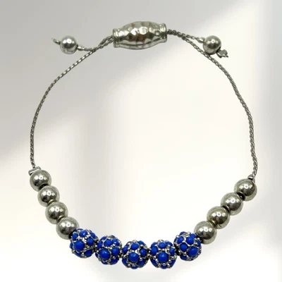 Серебристый слайдер браслет металлический синий Pave со стразами мячи бисером регулируемый - Изображение 1 из 4