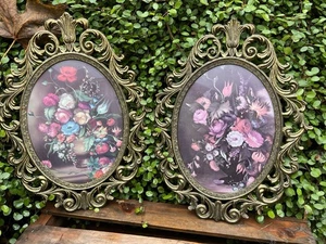 Vintage italienisches Messing ovale verzierte Rahmen Set mit Blumenmotiv 2er Set - Bild 1 von 12