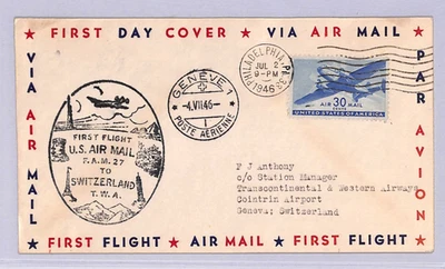 USA Air Mail Cover TWA FIRST FLIGHT SWITZERLAND Geneva Philadelphia 1946 WT133 - Image 1 of 4