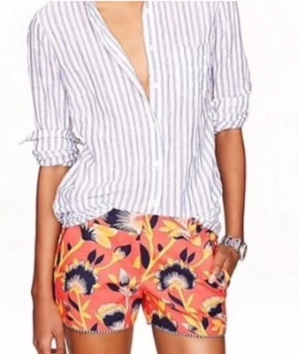 J. Corto Crew Coral/Azul Marino Hibisco Floral Mezcla de Lino Paseo Marítimo Talla 4 Foto 1 de 4