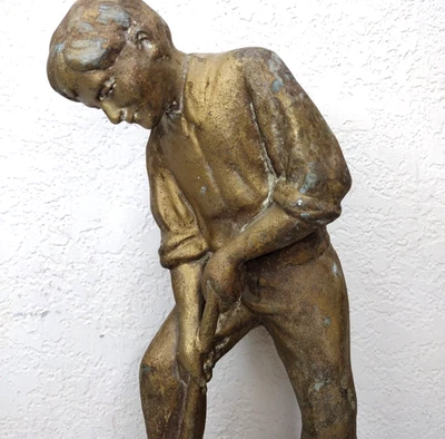 Antique Bronze Signed Statue Man w Shovel La Terre 11" Metal Folk Art France - Image 1 of 4