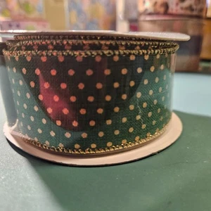 1 Roll Expressions Green with Gold Polka Dot Wired Ribbon - Picture 1 of 3