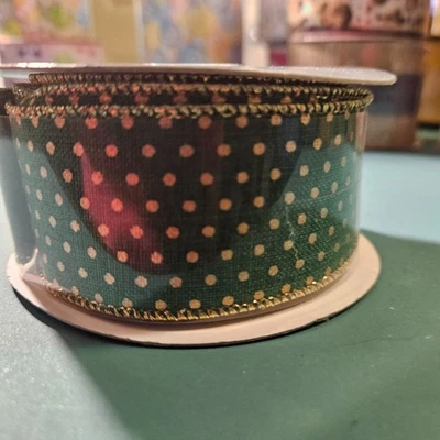 1 Roll Expressions Green with Gold Polka Dot Wired Ribbon - Image 1 of 3