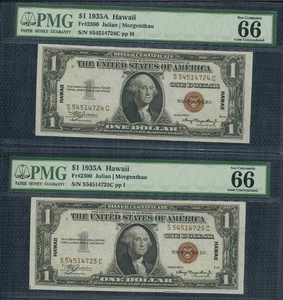 PAIR OF (2) SEQUENTIAL $1 1935A HAWAII WW2 EMERGENCY ISSUE BOTH PMG 66 EPQ - Picture 1 of 5