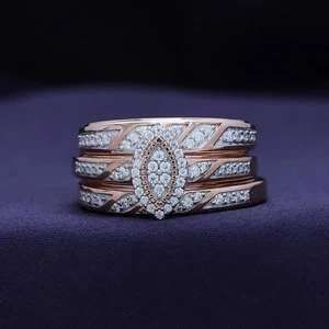 14K Rose Gold Plated Trio Wedding Ring Set 1.70CT Round Cut Lab-Created Diamond - Picture 1 of 14