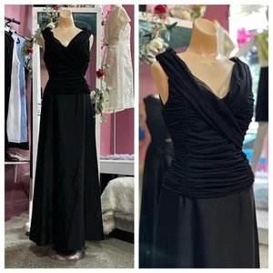 Vintage 90s Y2K Does 40s Black Maxi Evening Prom Formal Dress Ruched S/M - Picture 1 of 7