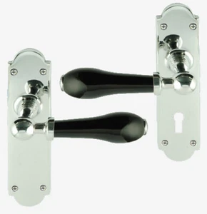 Black Porcelain Lever Door Handle On Backplate Polished Chrome - Picture 1 of 3