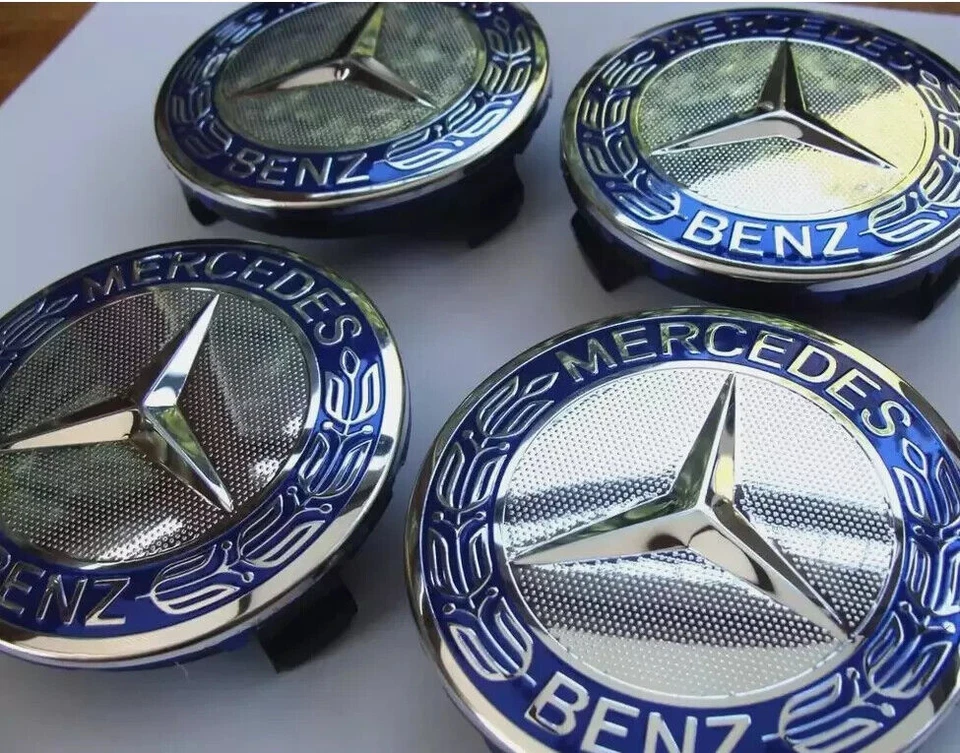 Set of 4 Light Blue Wreath 75mm Wheel Center Caps For Mercedes-Benz - Изображение 1 из 1