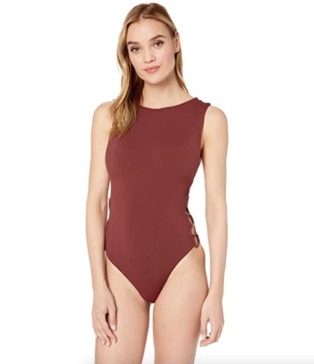 Seafolly L4121 Plum Ring Side High Neck One Piece Swimsuits Women's Size 12 USA - Image 1 of 3