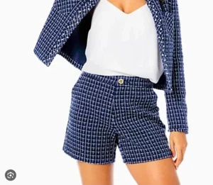 NWT Lilly Pulitzer Gretchen High Rise Short Low Tide Navy Fantasy Check Tweed 8 - Picture 1 of 6