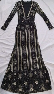 Fashion Nova Dress Black Gold Sequin Floral Embroidered Evening Gown Size Small - Picture 1 of 16