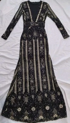 Fashion Nova Dress Black Gold Sequin Floral Embroidered Evening Gown Size Small - Image 1 of 4
