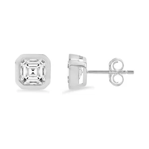 1 Cttw Asscher Cut Lab Grown Diamond Stud Earrings Push Back 10K White Gold - Foto 1 di 4