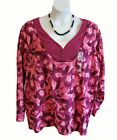 New Pink Roses Henley Knit Top Layered Look Plus Size 3X 26W 28W Shirt Casual
