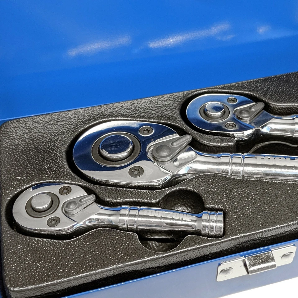 Quality 3 X 72 Teeth Stubby Ratchet Tool Set 1/4 3/8 1/2 Drive in Metal Case