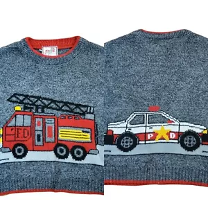 Vintage 90s Boys Chunky Graphic Sweater Firetruck Police Car Crewneck Gray 3T - Picture 1 of 8
